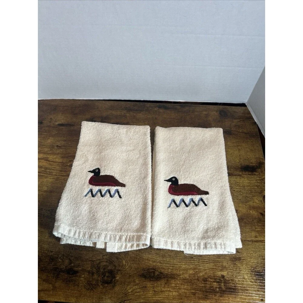 Vintage Beige Embroidered Duck Loon Hand Towels Set-2 Cannon Mills USA Cotton
